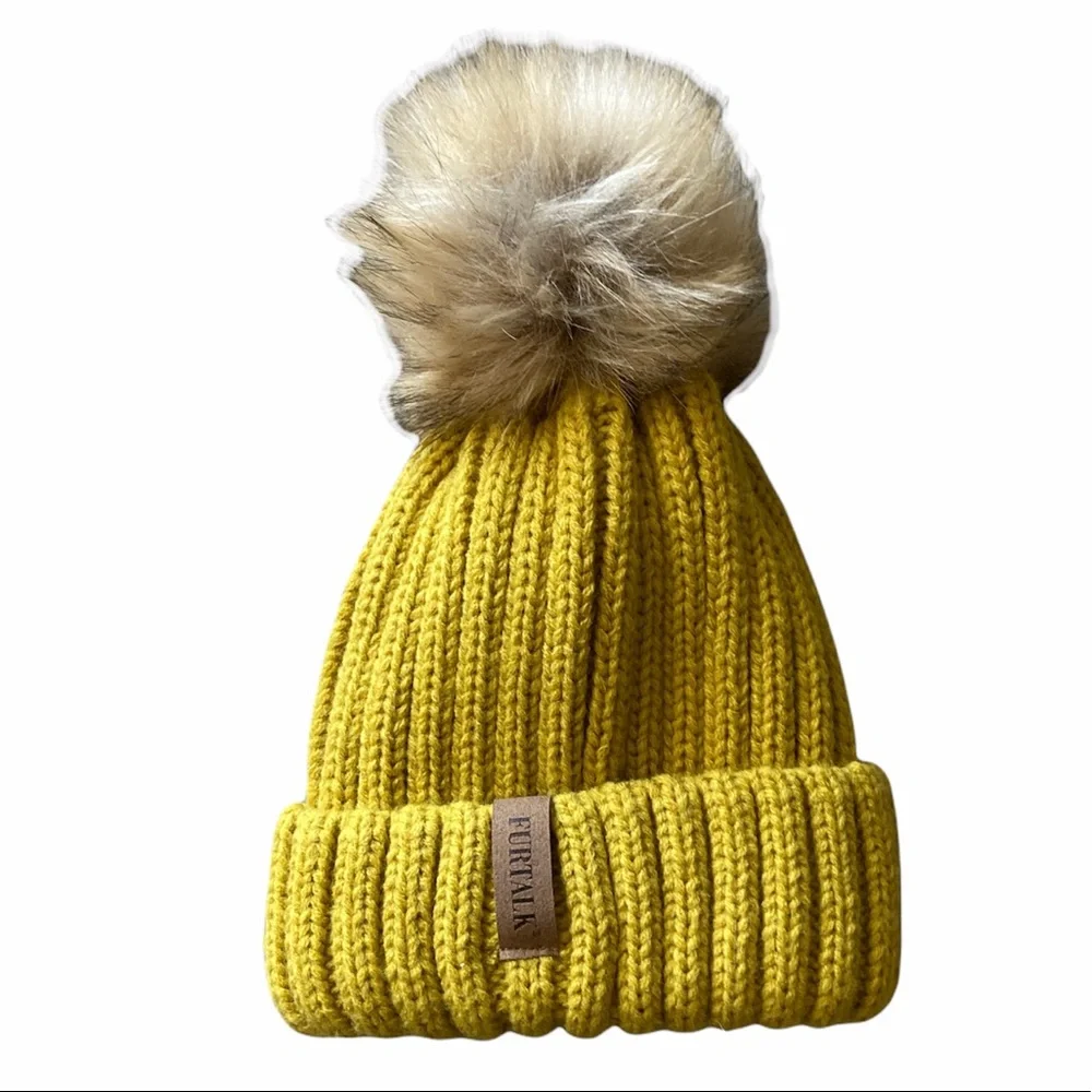 Furtalk Lined Hat Fur Pom Pom Cap Beanie Warm Comfy Winterwear Mustard Yellow